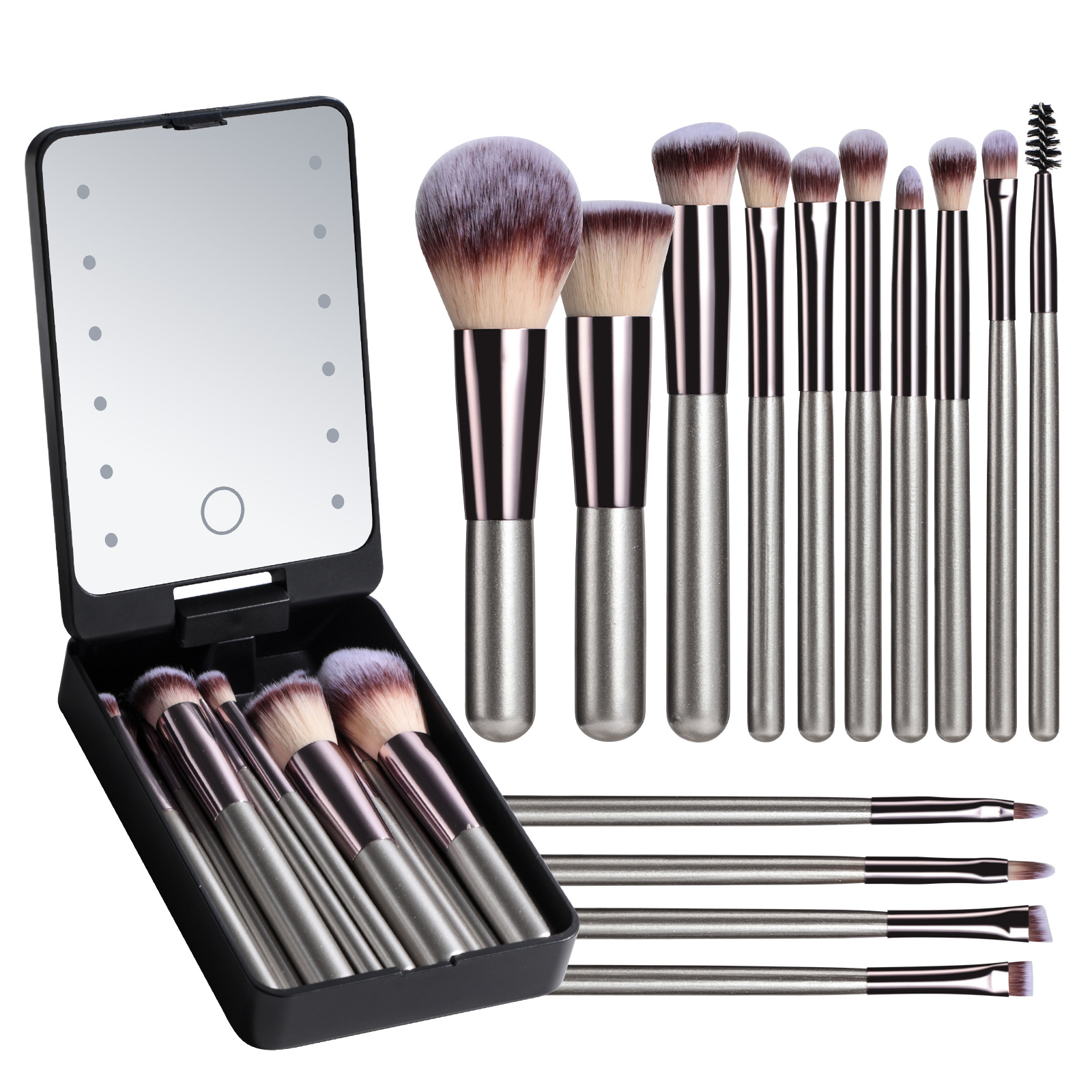 Tragbares kurzes 14-teiliges Make-up-Pinsel-Set mit wiederaufladbarem Spiegel 