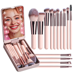 Tragbares kurzes 14-teiliges Make-up-Pinsel-Set mit wiederaufladbarem Spiegel 