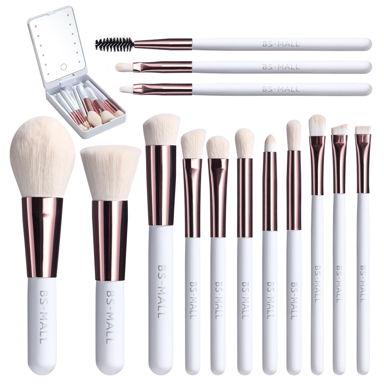 Tragbares kurzes 14-teiliges Make-up-Pinsel-Set mit wiederaufladbarem Spiegel 