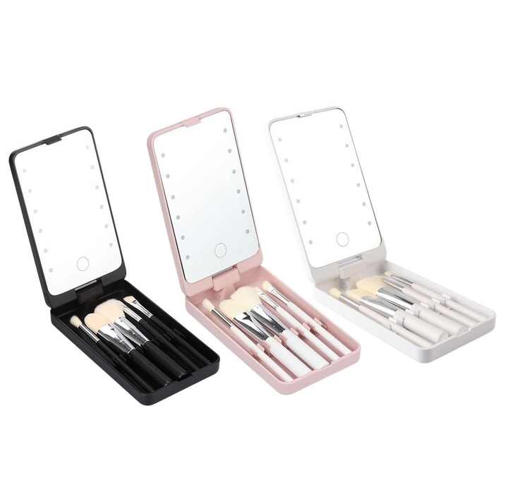 Reise-Make-up-Foundation-Puder-Lidschatten-Pinsel-Set mit LED-Lichtspiegel