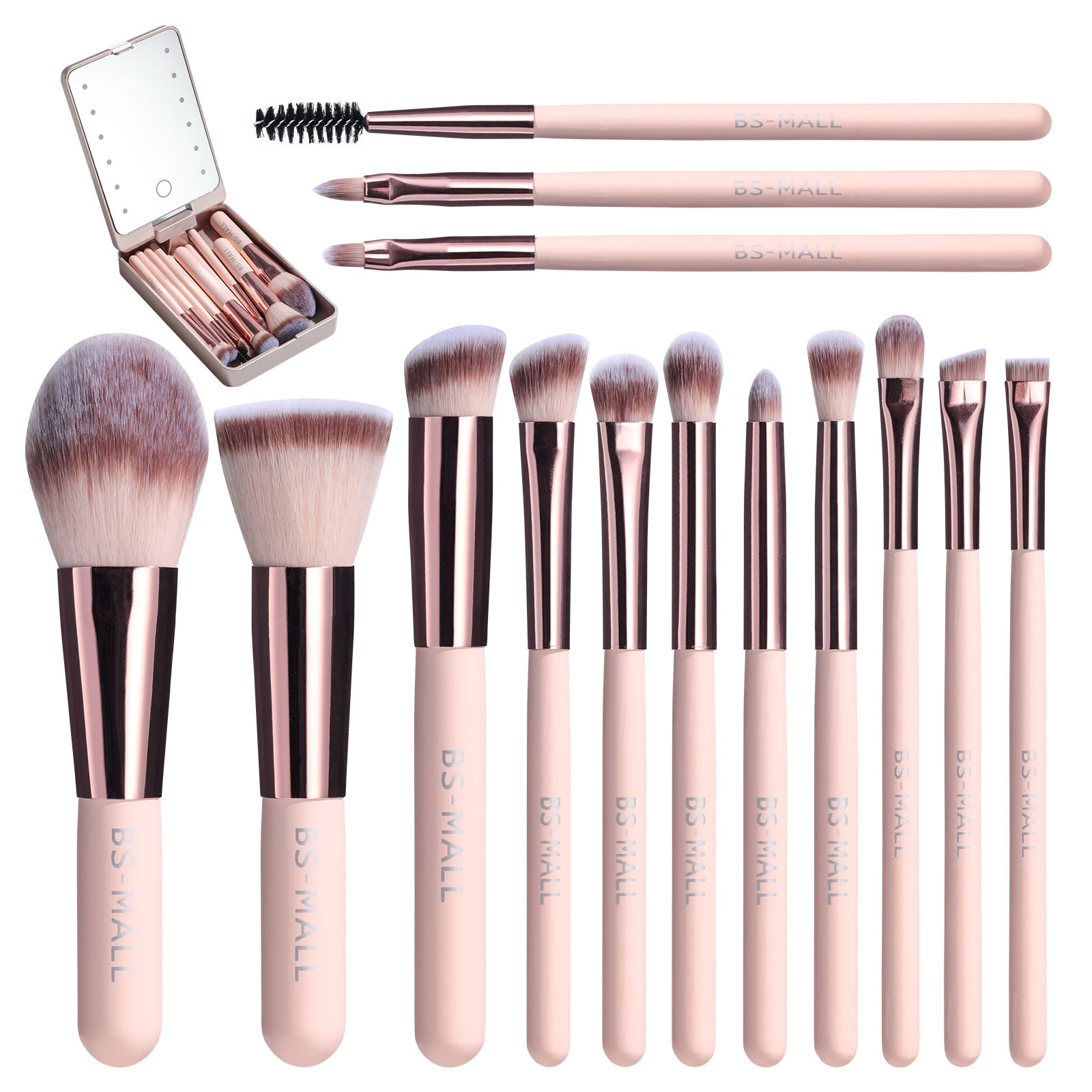 Tragbares kurzes 14-teiliges Make-up-Pinsel-Set mit wiederaufladbarem Spiegel 