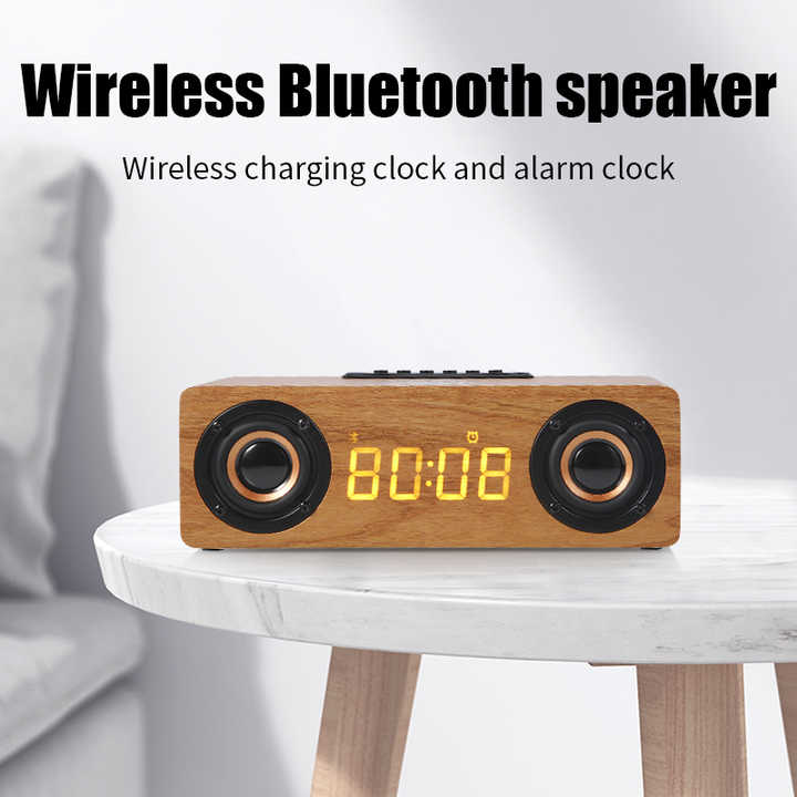 3-in-1-Bluetooth-Lautsprecher mit kabelloser Ladefunktion aus Holz und Wecker