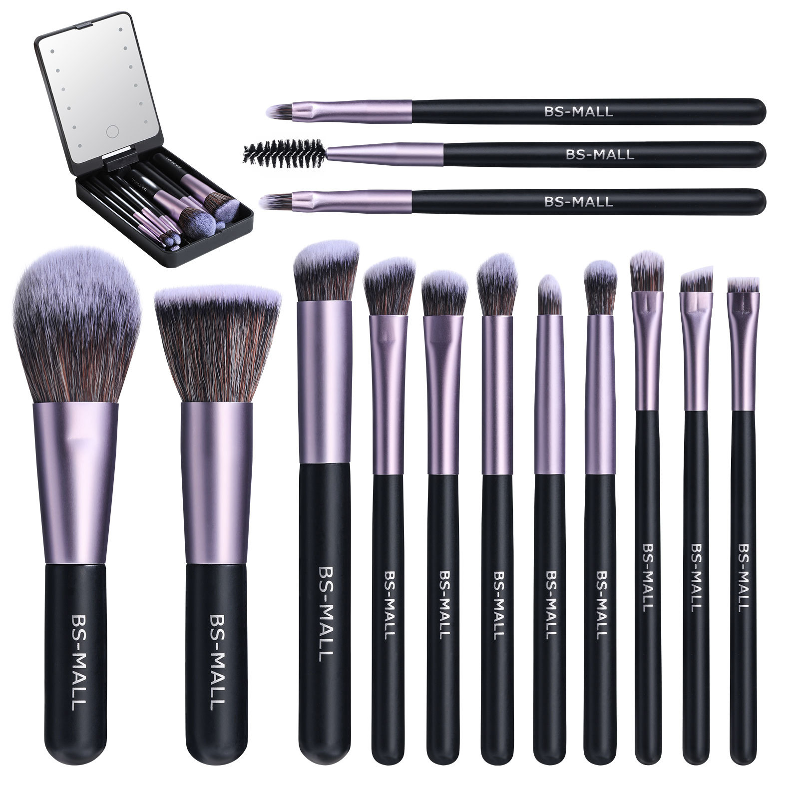 Tragbares kurzes 14-teiliges Make-up-Pinsel-Set mit wiederaufladbarem Spiegel 