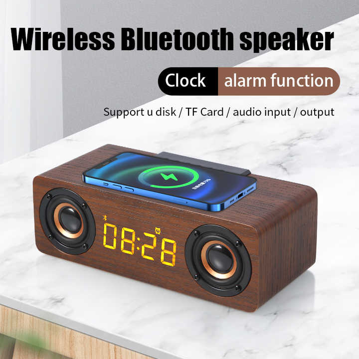 3-in-1-Bluetooth-Lautsprecher mit kabelloser Ladefunktion aus Holz und Wecker